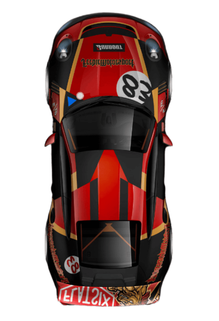 Rennauto mit rot-schwarzer Lackierung von oben gesehen.