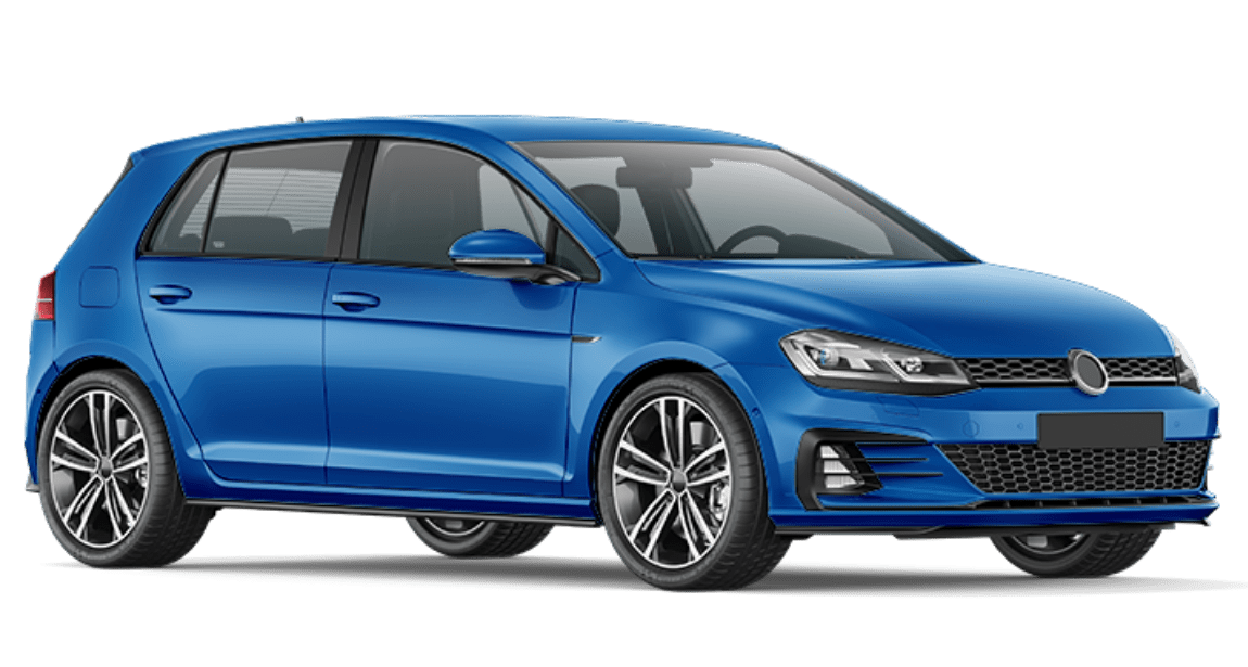 Blauer Kompaktwagen auf weißem Hintergrund.