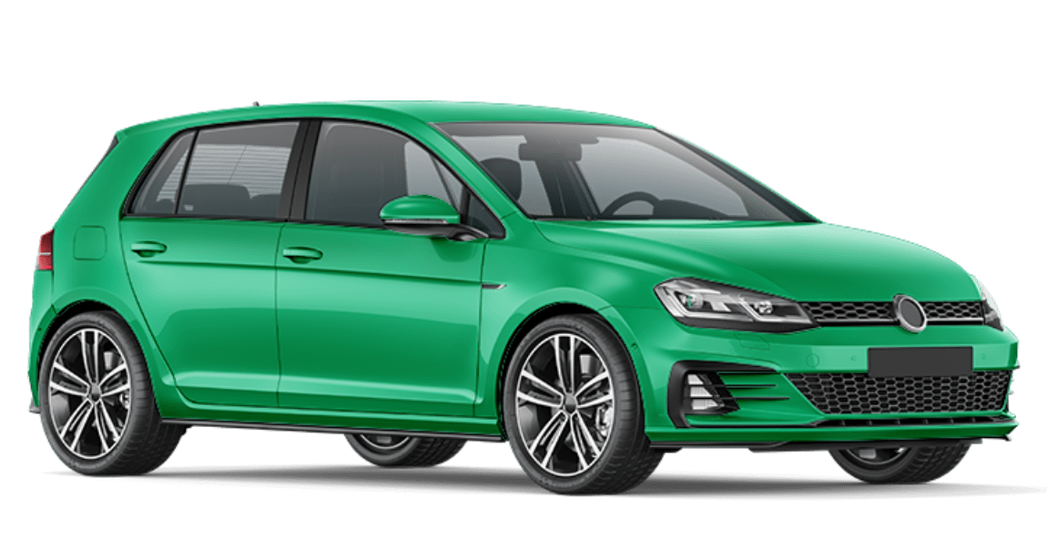 Grüner Kompaktwagen auf weißem Hintergrund.