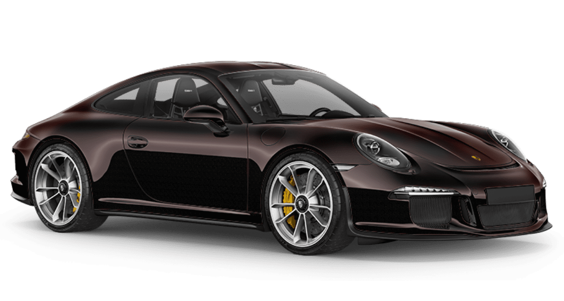 Schwarzer Sportwagen mit gelben Bremssätteln auf transparentem Hintergrund.