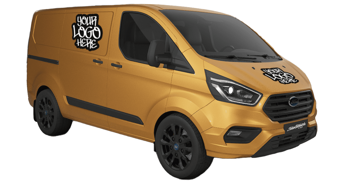 Lieferwagen in Orange mit "Your Logo here" und Website-Adresse.