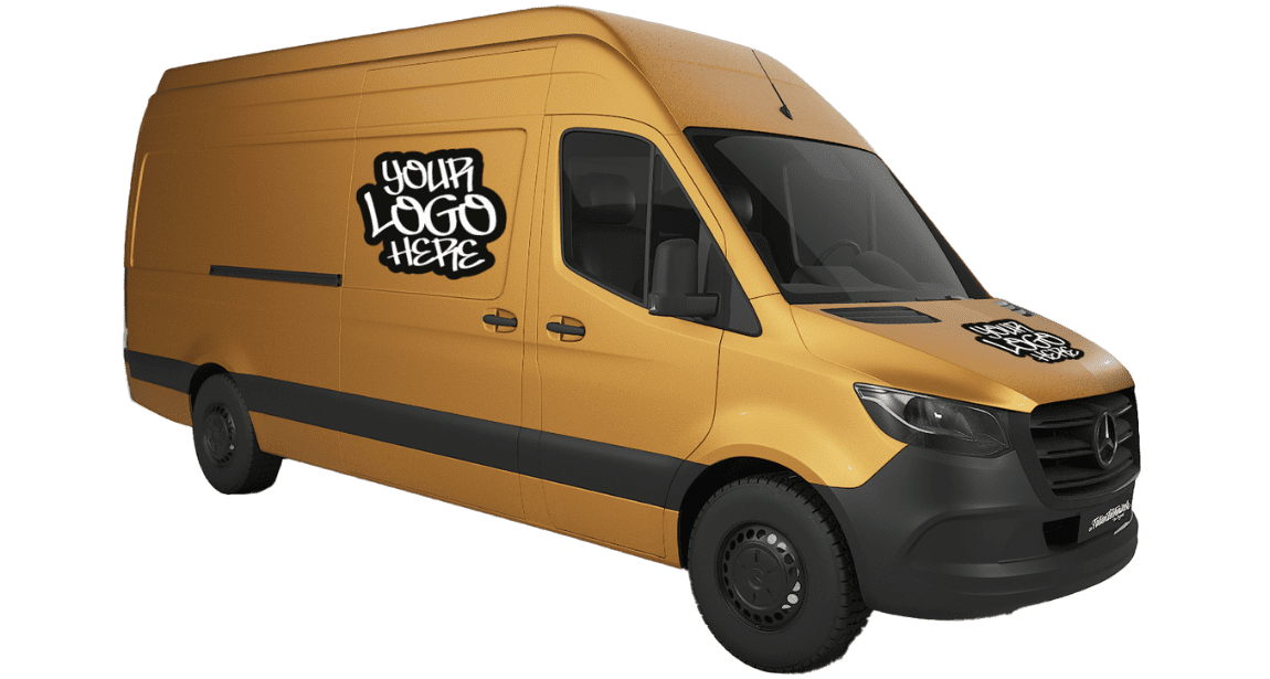 Lieferwagen in Orange mit "Your Logo here" und Website-Adresse.