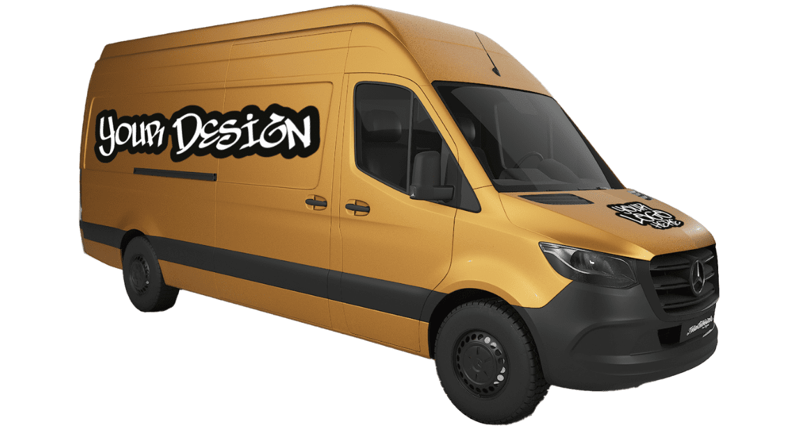 Lieferwagen in Orange und Schwarz mit "Your Design" und Logo.