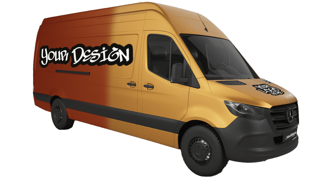 Lieferwagen in Orange mit "Your Design" Beschriftung an der Seite.
