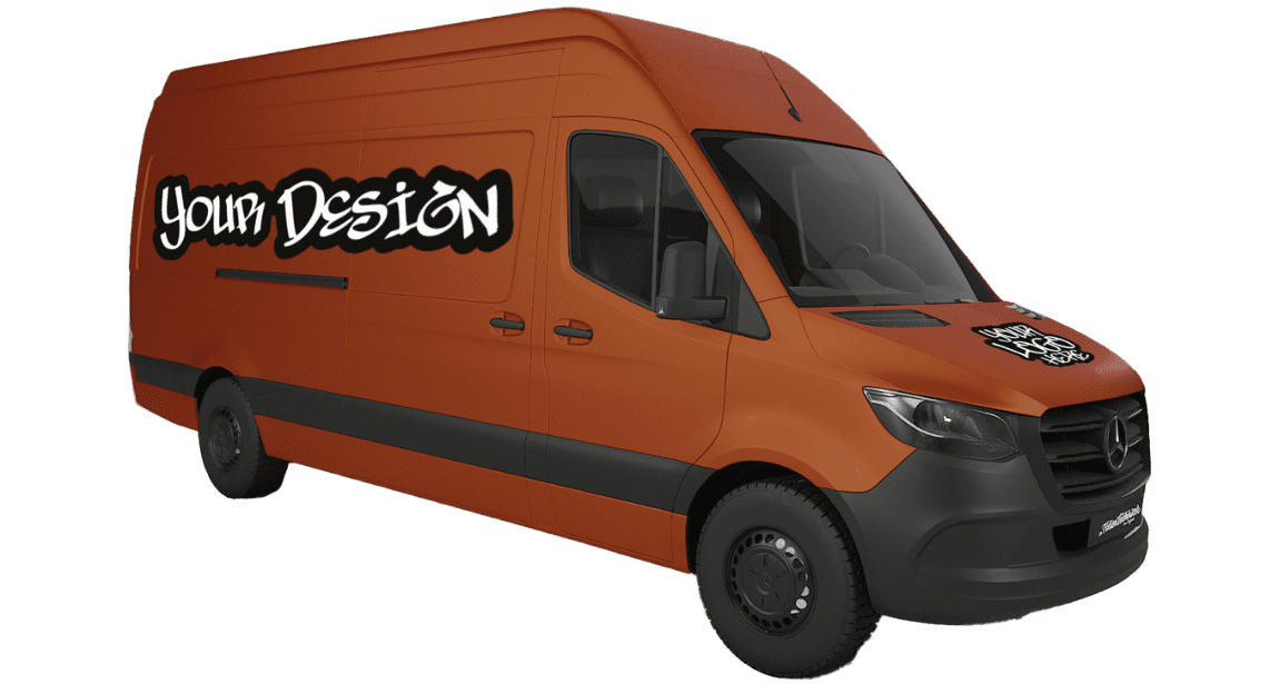 Lieferwagen in Orange mit "Your Design" Beschriftung an der Seite.