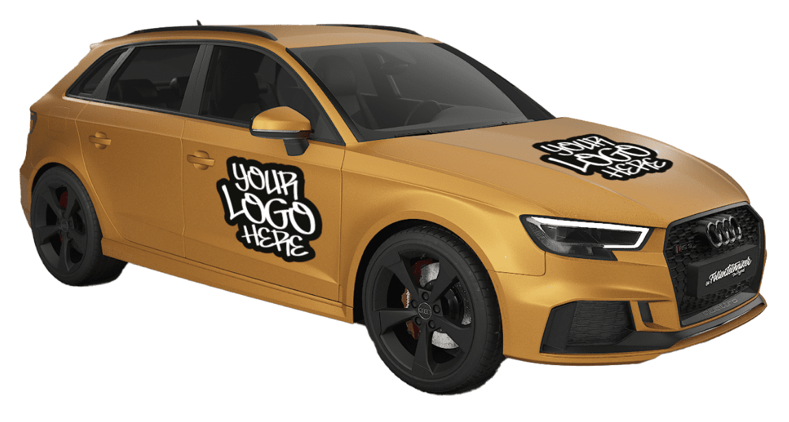 Gelber SUV mit "Your Logo Here" Logo an der Seite und schwarzen Felgen.