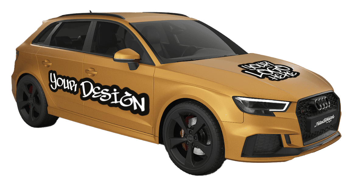 Gelber SUV mit "Your Design" Logo an der Seite und schwarzen Felgen.