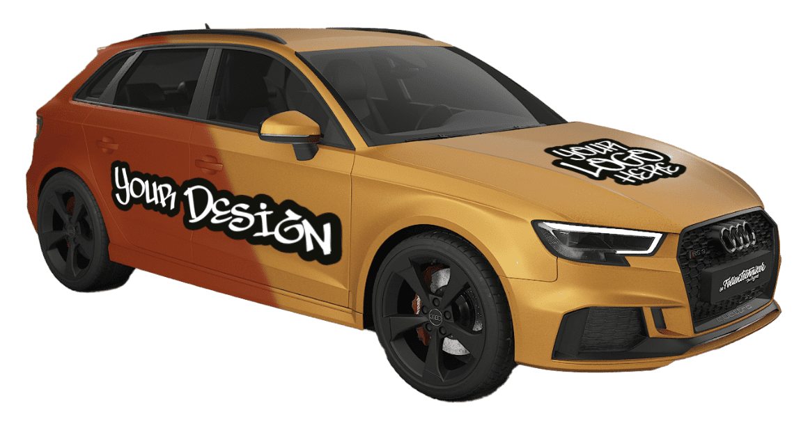 Gelber SUV mit "Your Design" Logo an der Seite und schwarzen Felgen.