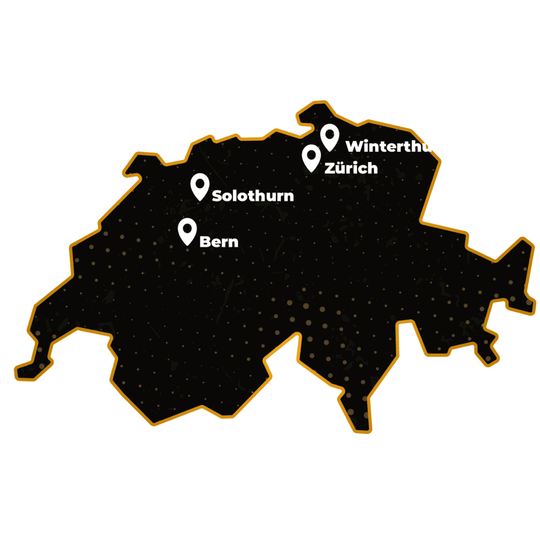 Schwarze Landkarte der Schweiz mit Markierungsnadeln in Bern, Solothurn, Zürich und Winterthur.